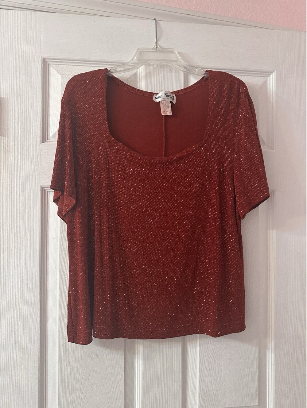Vintage Ronni Nicole Women’s 2X Burgundy Metallic Glitter Sparkle Crop Top Y2K
